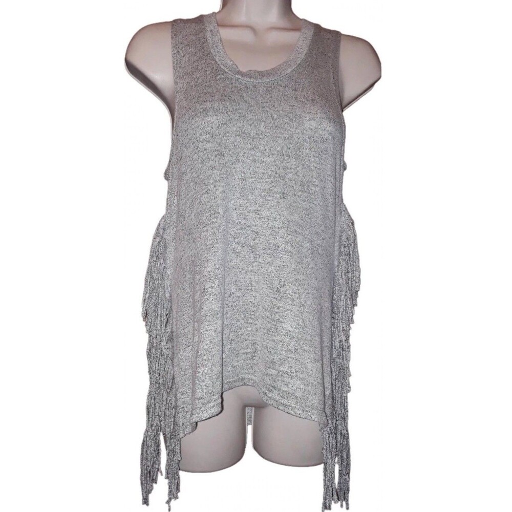 Heather Grey Sleeveless Fringe Tank Top - High Low Asymmetrical Hem - Boho